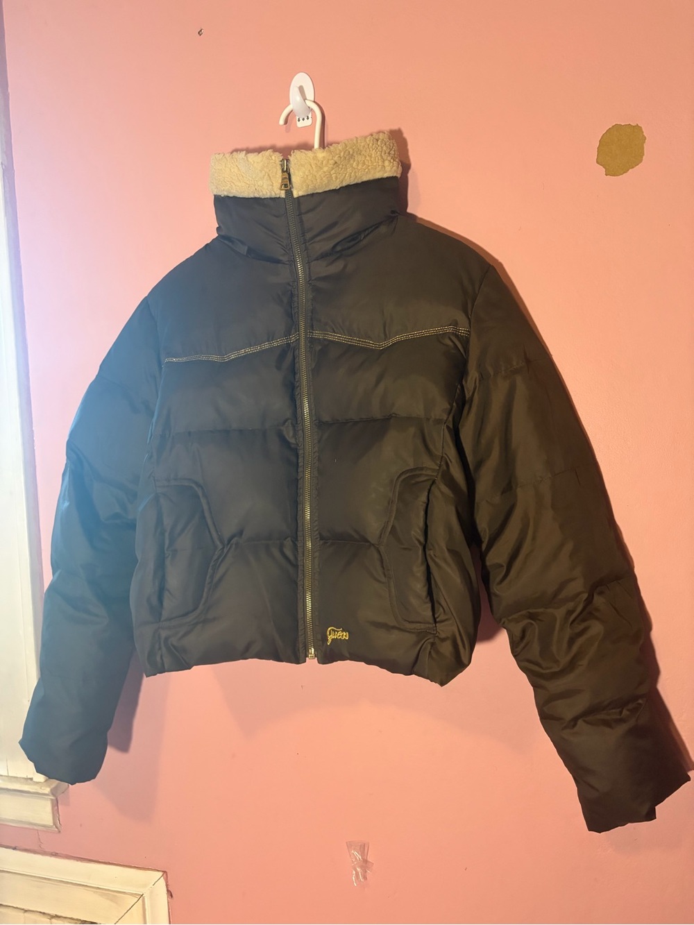 Vintage Guess Brown Puffer Jacket with Cream Sherpa Collar